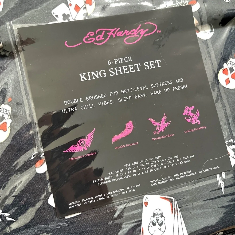 NWT Ed Hardy 6pc KING Sheet Set Skull Poker Cards Dice Americana Tattoo Bedding